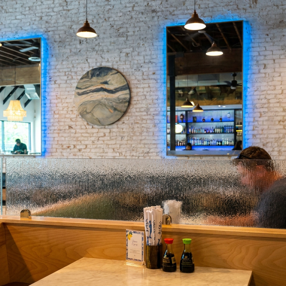 Restaurant interior with wooden booths, marble table, hanging pendant lights, brick walls, blue-trimmed windows, and soy sauce condiments.