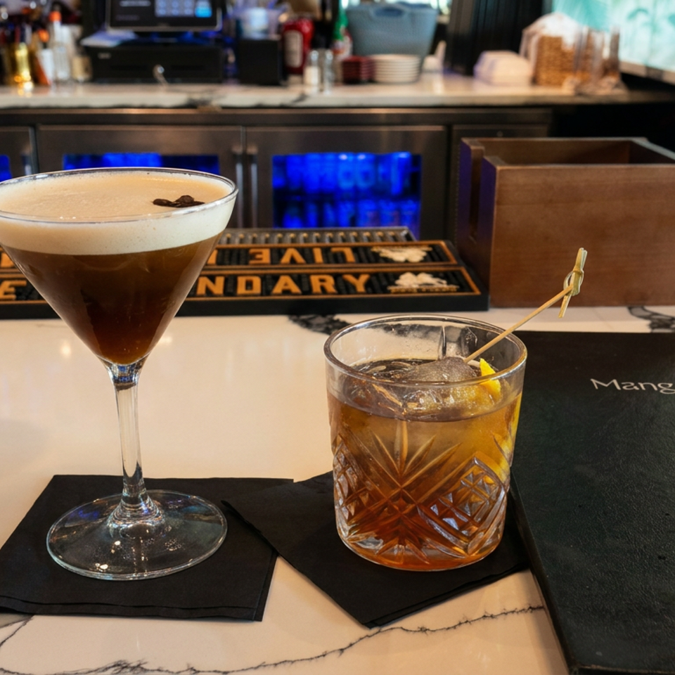 Two cocktails sit on black napkins at a marble bar, with a foamy martini and an amber drink beside a Mangosteens menu.
