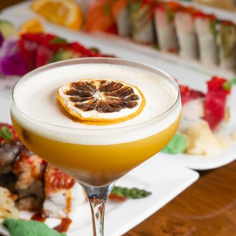 Golden cocktail topped with foam and a dried citrus slice, served before colorful sushi rolls and garnishes on white platters.