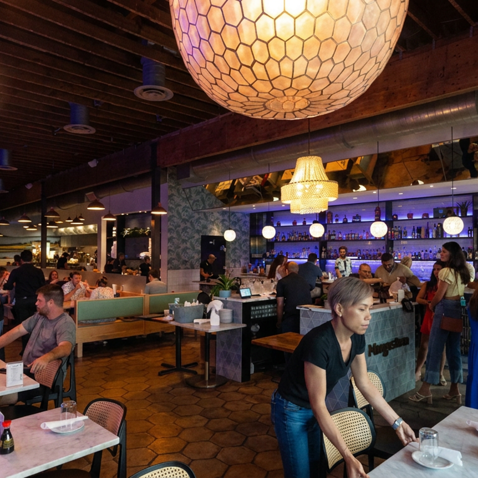 Busy, warmly lit restaurant interior with diners, a bar, patterned wallpaper, wooden beams, and striking pendant lights.