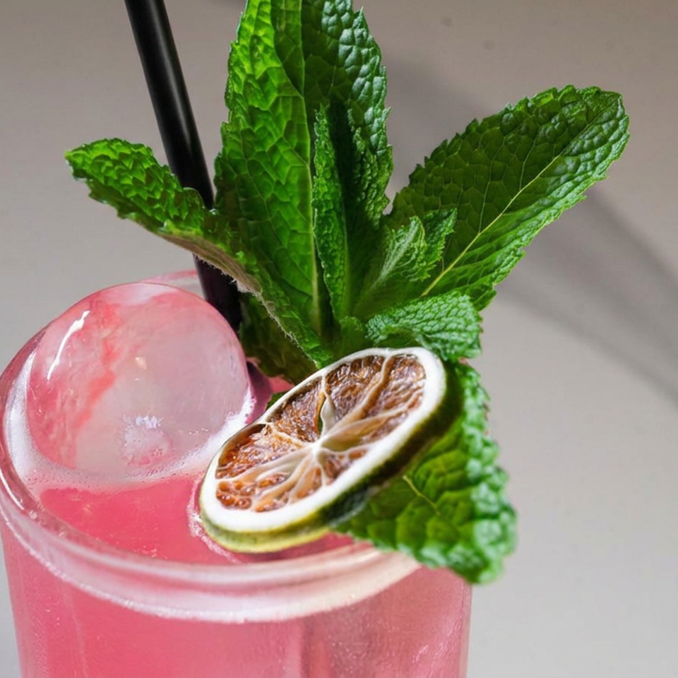 Pink cocktail garnished with a large ice sphere, mint leaves, and a dried lime slice in a clear glass.