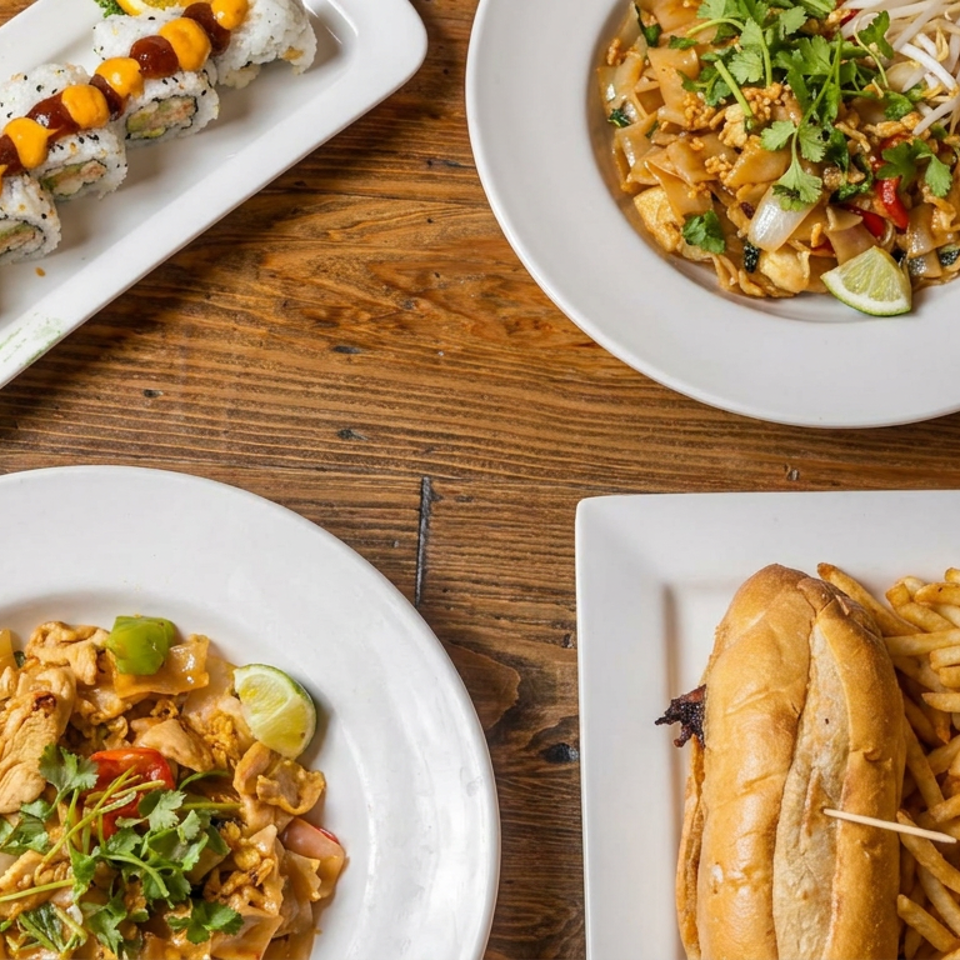 Overhead view of sushi rolls, noodle dishes, and a toasted sandwich with fries served on white plates atop a wooden table.