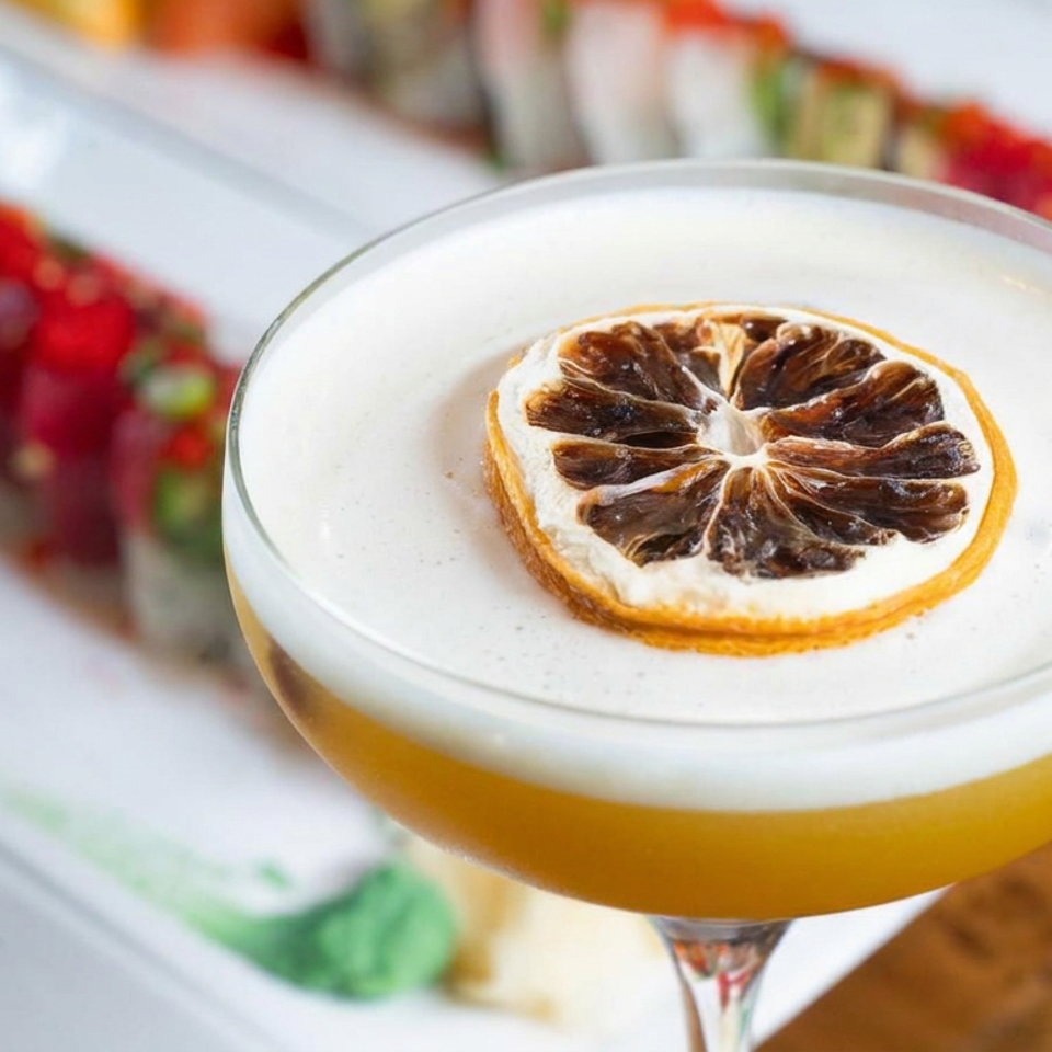 Golden cocktail topped with a dried citrus wheel, served in a coupe glass beside colorful sushi rolls on a white platter.