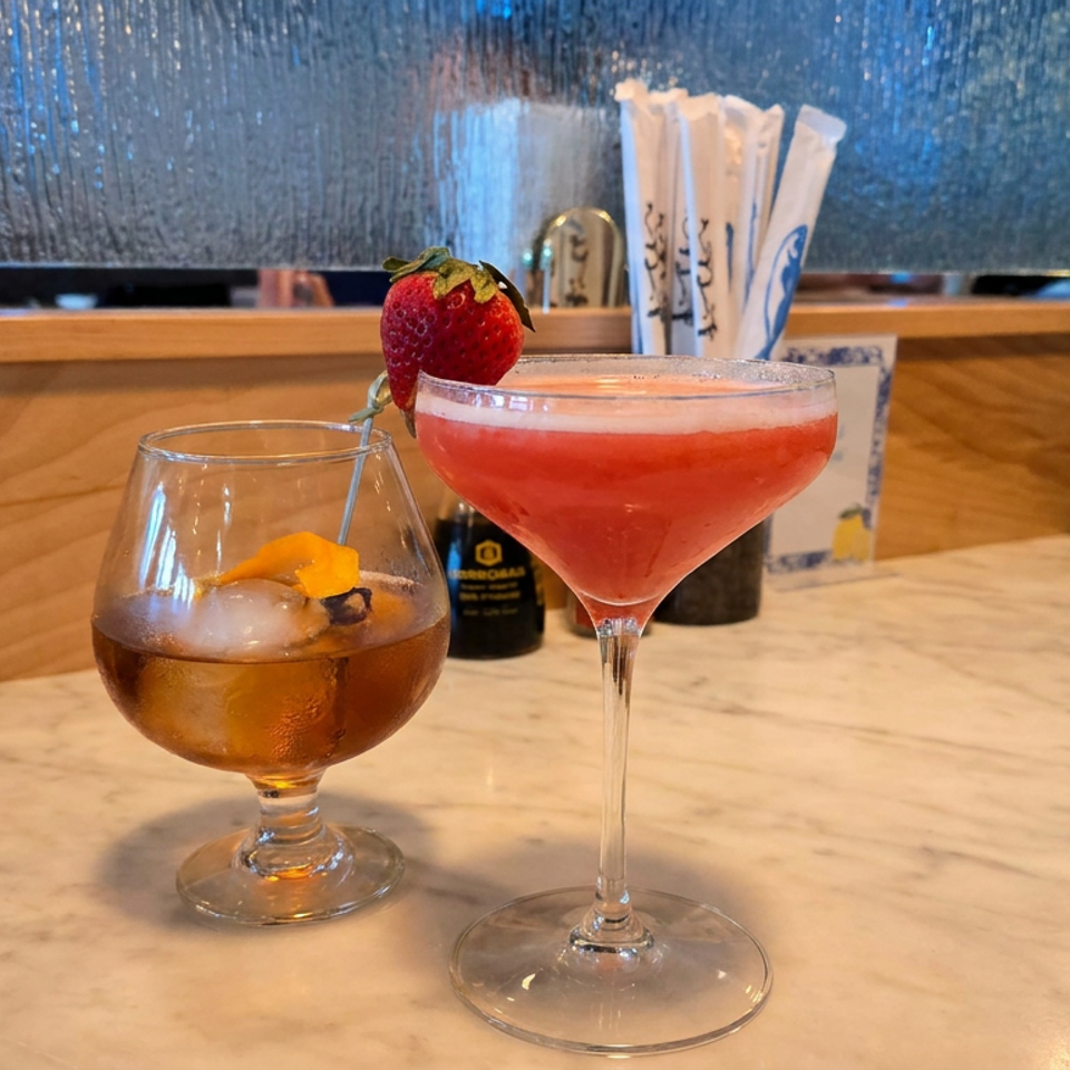 Two cocktails sit on a restaurant table: an amber drink with orange garnish and a pink strawberry-topped martini.
