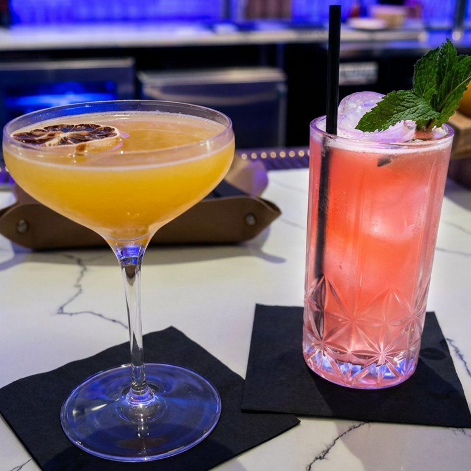 Two colorful cocktails sit on black napkins at a marble bar, garnished with citrus and mint under blue ambient lighting.