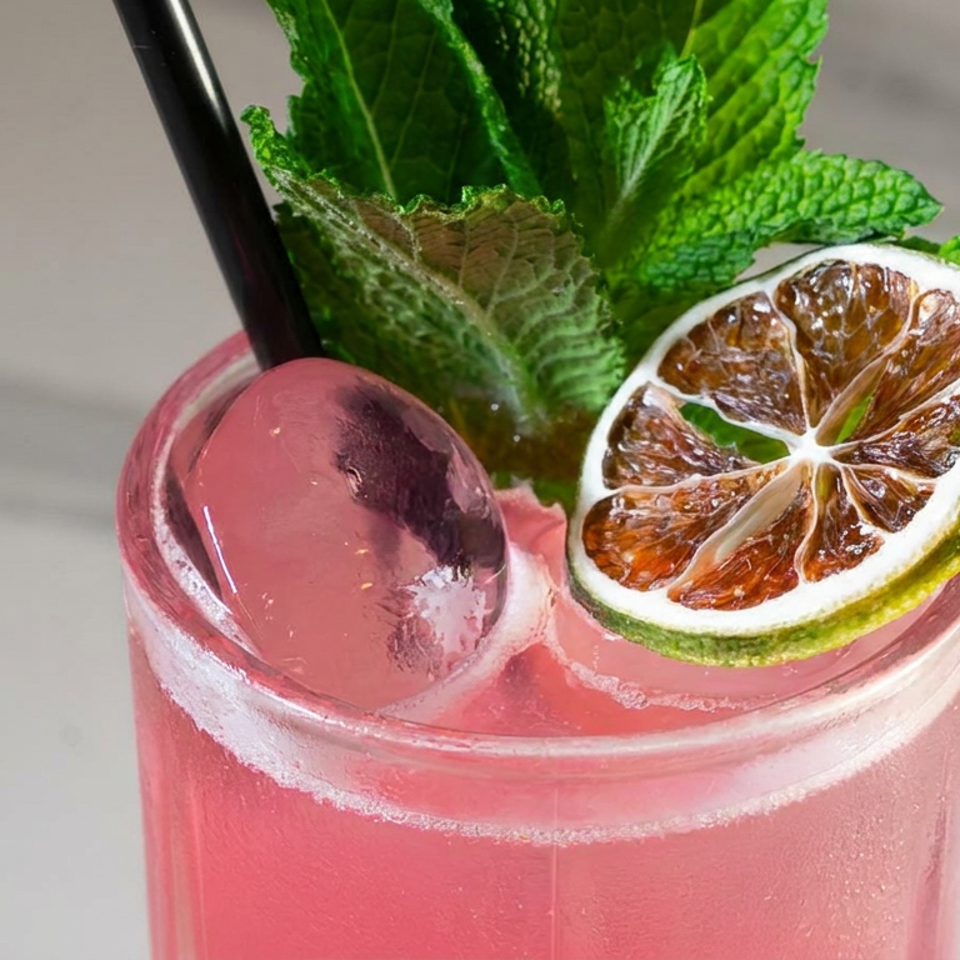 Pink cocktail garnished with mint leaves, a dried lime slice, large ice cubes, and a black straw.